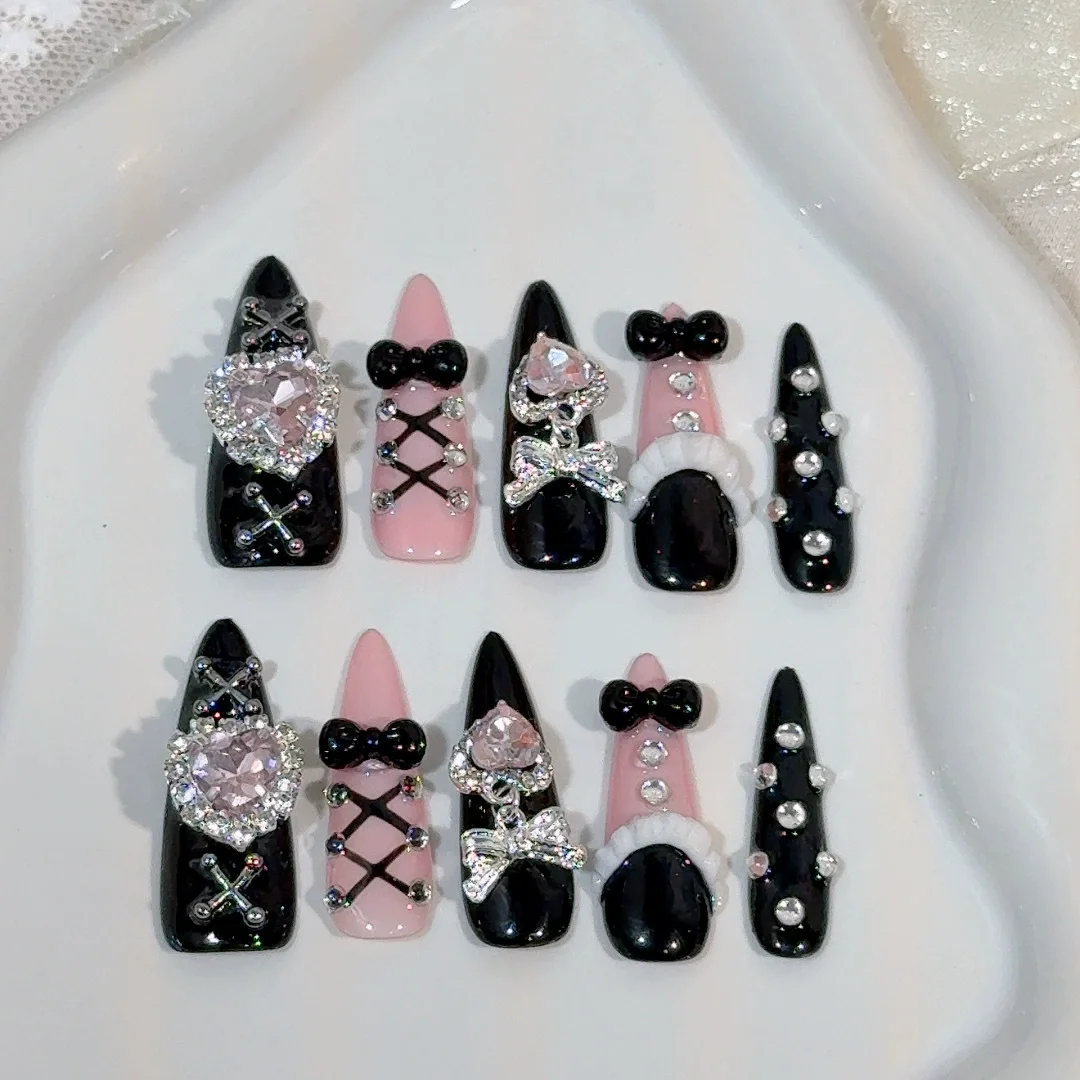 

10Pcs Y2K Almond Handmade Press on Nails Fake Nails with Pink Love Rhinestone Design Wearable Stick-on Nails False Nail Uñas 네일팁