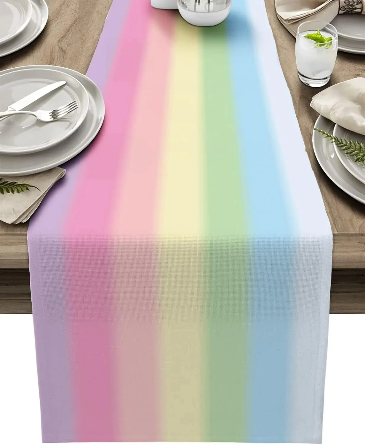 1 Tischläufer mit Regenbogen-Farbverlauf, 2D-Einzeldruck, fröhliches Wohnaccessoire, lebendig, funktionell, farblich, attraktiv, langlebig
