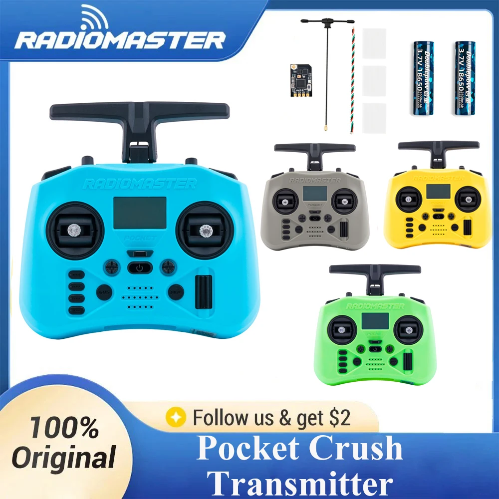 Radiomaster Pocket Crush 2.4GHz ELRS Hall Gimbal Transmitter Remote Control with XR1 Receiver 18650 Battery - image 1 of 6
