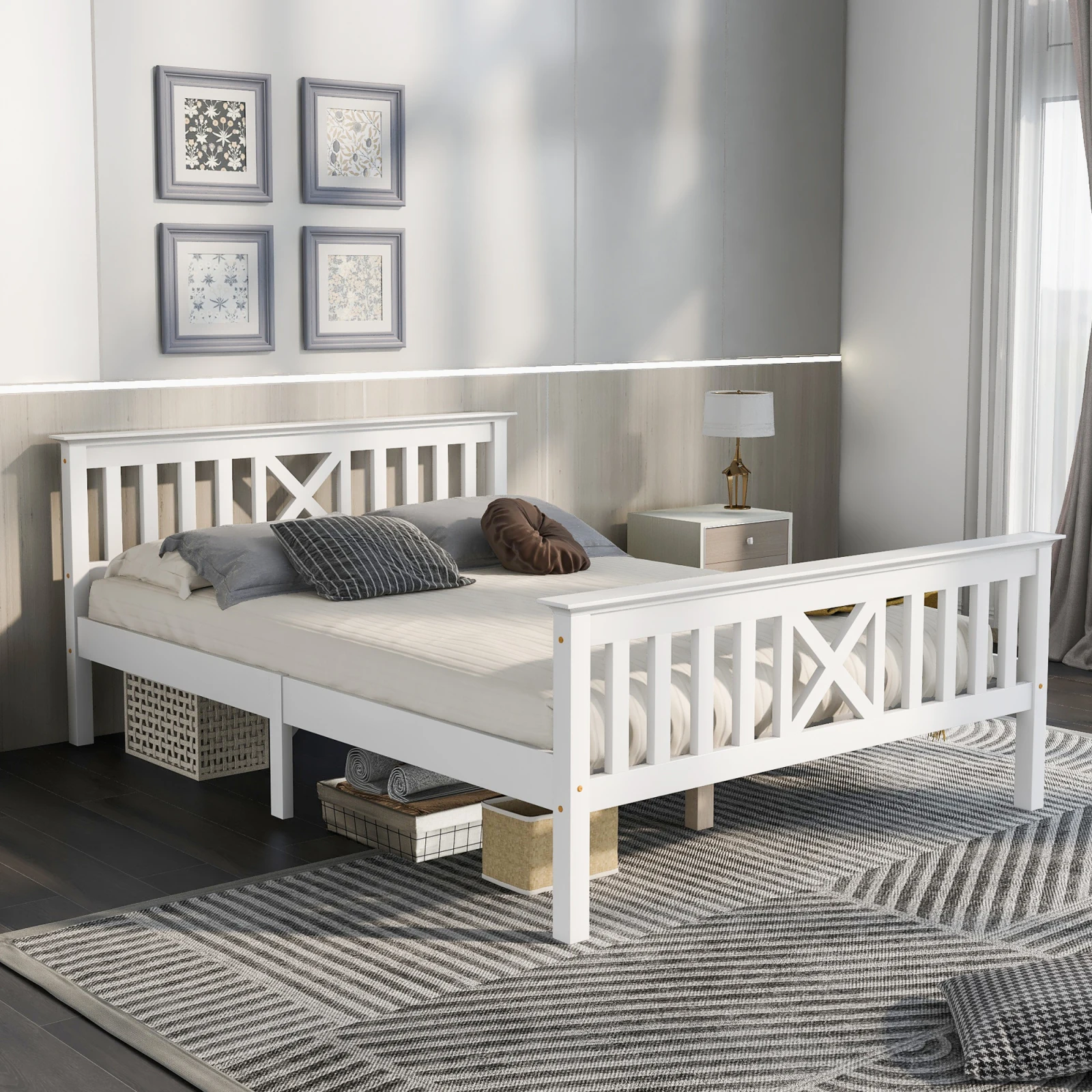 Wooden Bed, Double Bed, Solid Wood Bed With Slatted Frame and Headboard, Youth Bed,140x200 cm, White