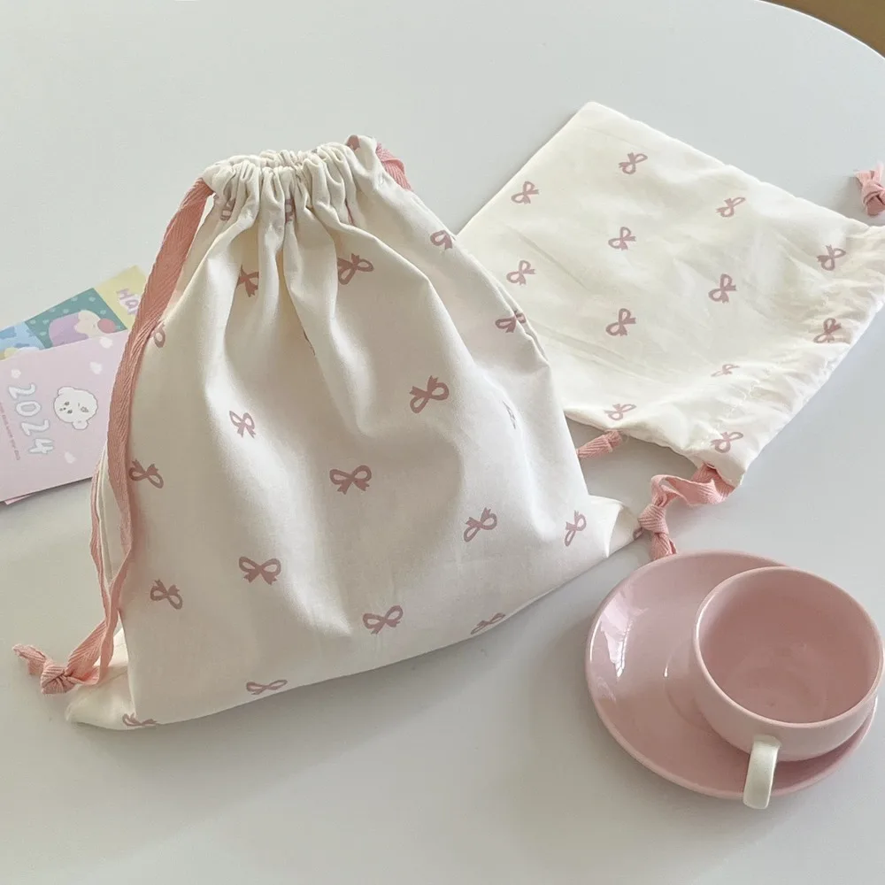 Diaper Pouch Canvas Bundle Pocket Portable Bow Printed Drawstring Storage Bag Large White Drawstring Hanging Bag Travel