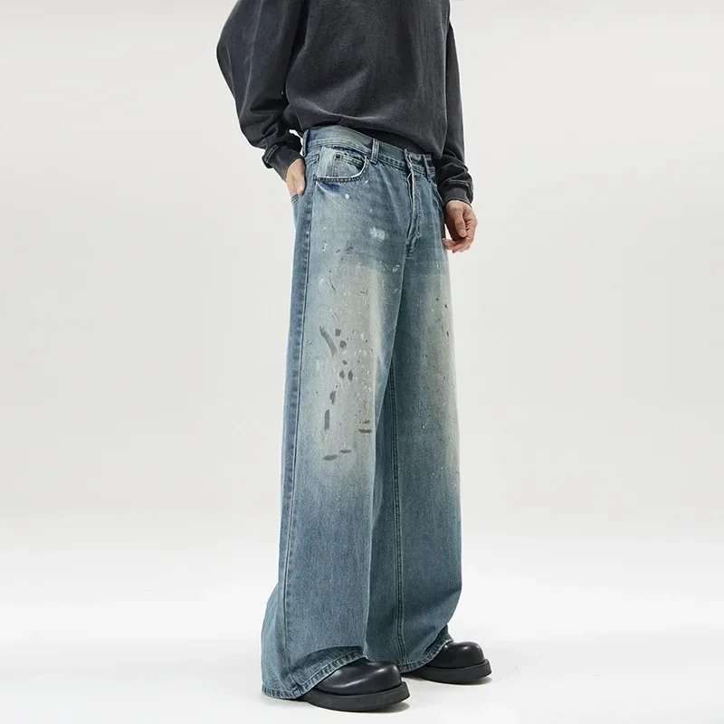 

Jeans Men Wide Leg Pants Denim Floor Length Pant Straight Trousers Casual Loose Regular High Waist Splice Autumn Winter