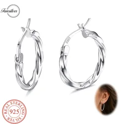 Fansilver S925 Sterling Silver Hoop Earrings for Women Girls Stylish White Gold Plated Twisted Hoop Elegant Big Hoop Earrings