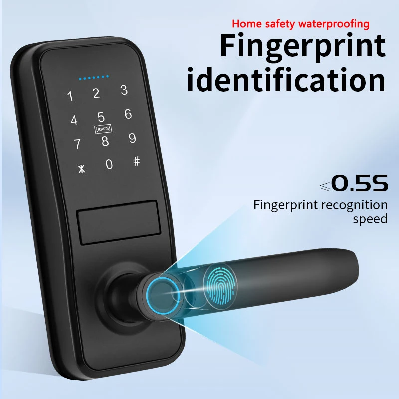 Tuya-Electronic Fingerprint Lock, Smart Card, Senha, Desbloqueio com chave, Carregamento de emergência USB, WiFi Remote Unlock