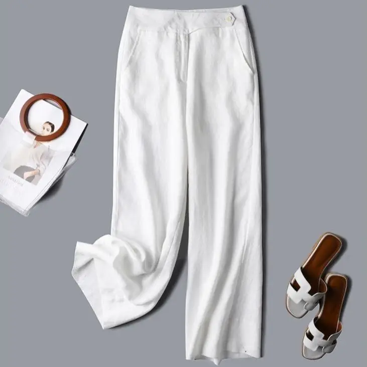 High Waist Cotton Linen Wide Leg Casual Pants Loose Women's Trousers Autumn Season Commute Style Asymmetric Design Long Pants