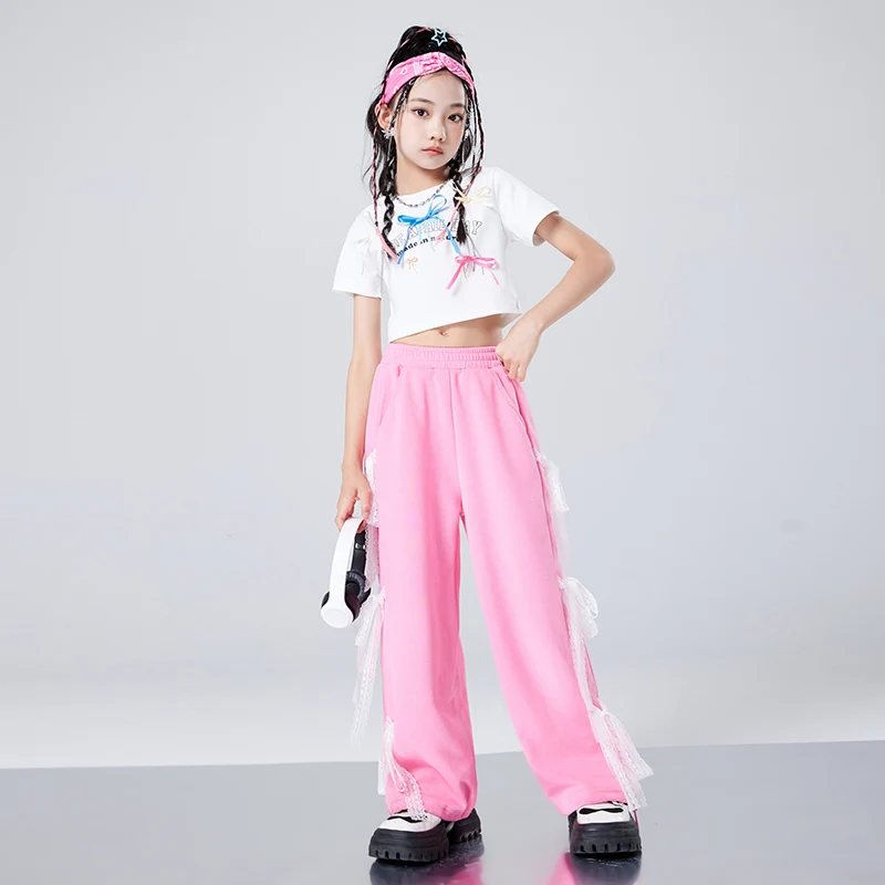 Kids Hip Hop Clothing White Crop Tops Tshirt Streetwear Pink Cargo Pants Streetwear for Girl Jazz Street Dance Costume Clothes