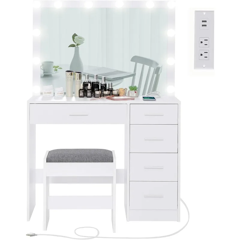 

Makeup Vanity with 12 Lights, Vanity Desk with Power Outlet, Makeup Vanity Table with 5 Drawers, desk with mirror,dressing table
