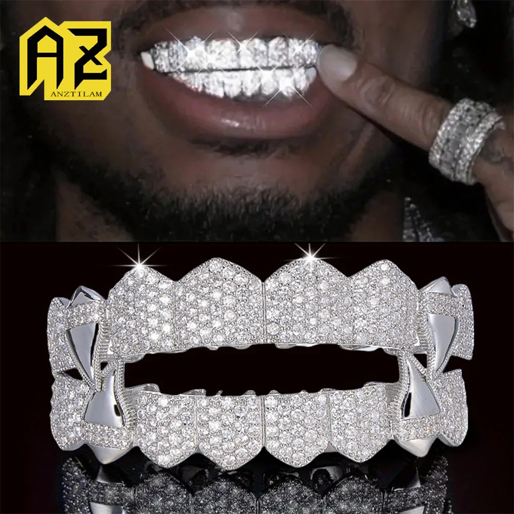 Anztilam Square Iced Out Grillz Full Zircon Teeth Shine Grills Men Women Hip Hop Tooth Grills Caps Brass Fashion Jewelry