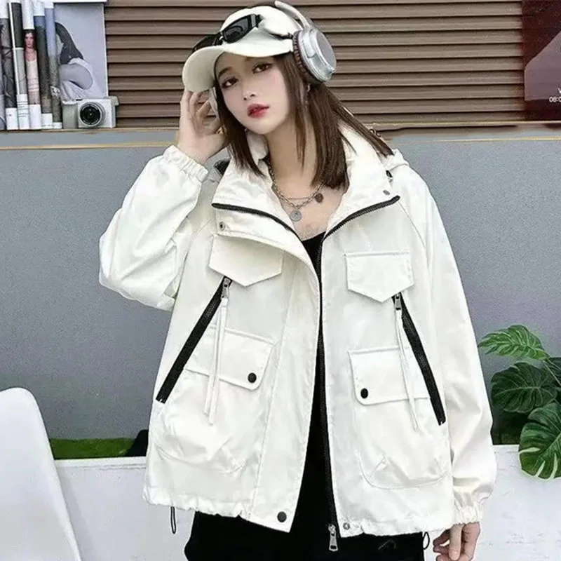 2024 Women Hooded Short Coat Spring Autumn Female Loose Fitting Charge Work Suit Jacket Ladies Fashion Long Sleeved Outerwear