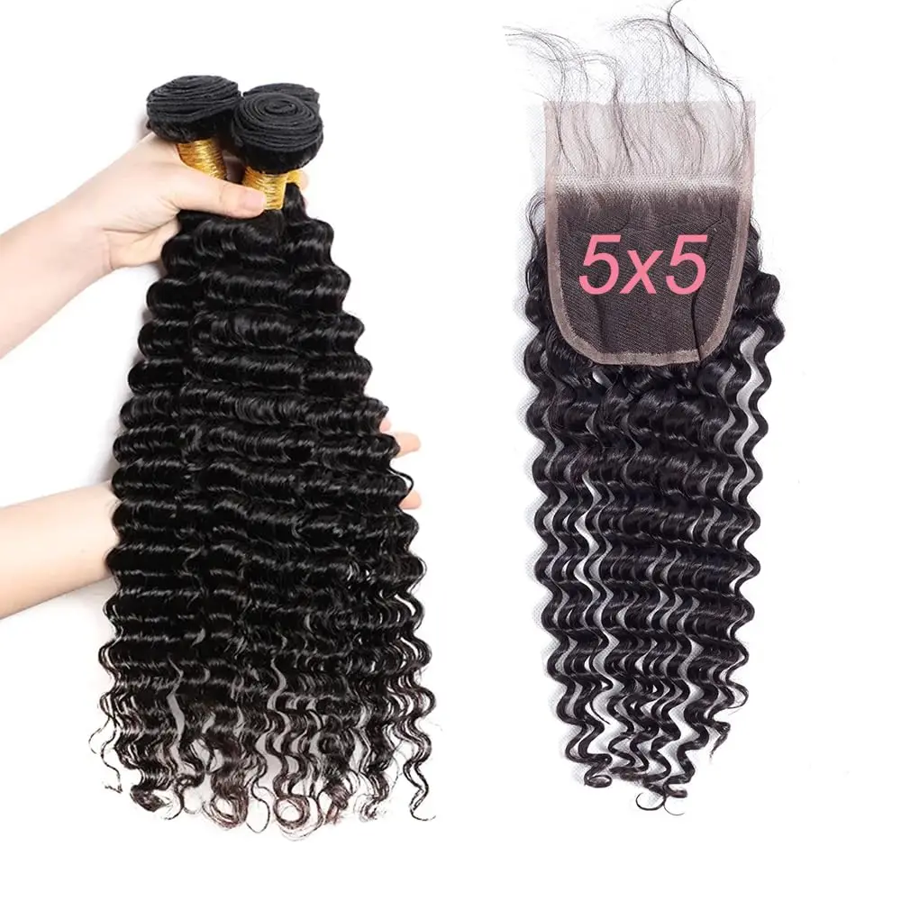 Ulrica Deep Wave Bundles Human Hair With Closure 5x5 HD Lace Closure Free Part Deep Curly Human Hair Bundles 100% Natural Color