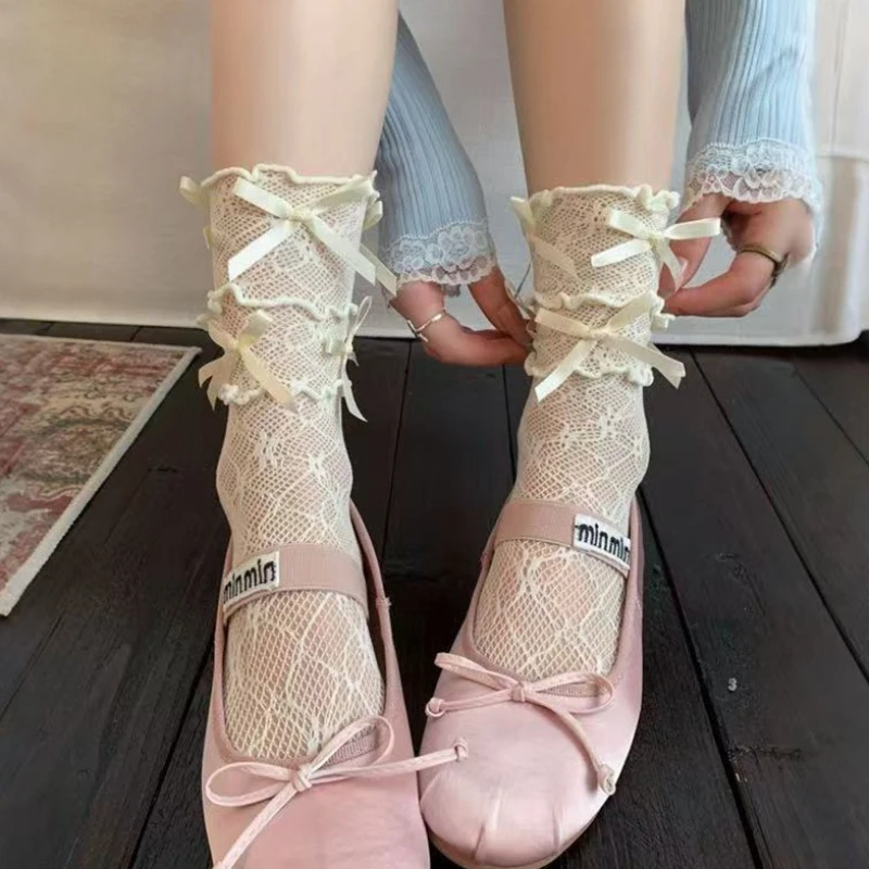 Nuovi calzini bianchi con fiocco carino JK Cos Lolita Calzini in pile con bordo arricciato in pizzo Calzini a metà polpaccio a rete stile balletto sottile estivo da donna