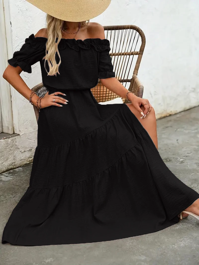 

Women's Fashionable Off Shoulder Ruffle Trim Slit Dress Maxi Vacation Beach Outfit
