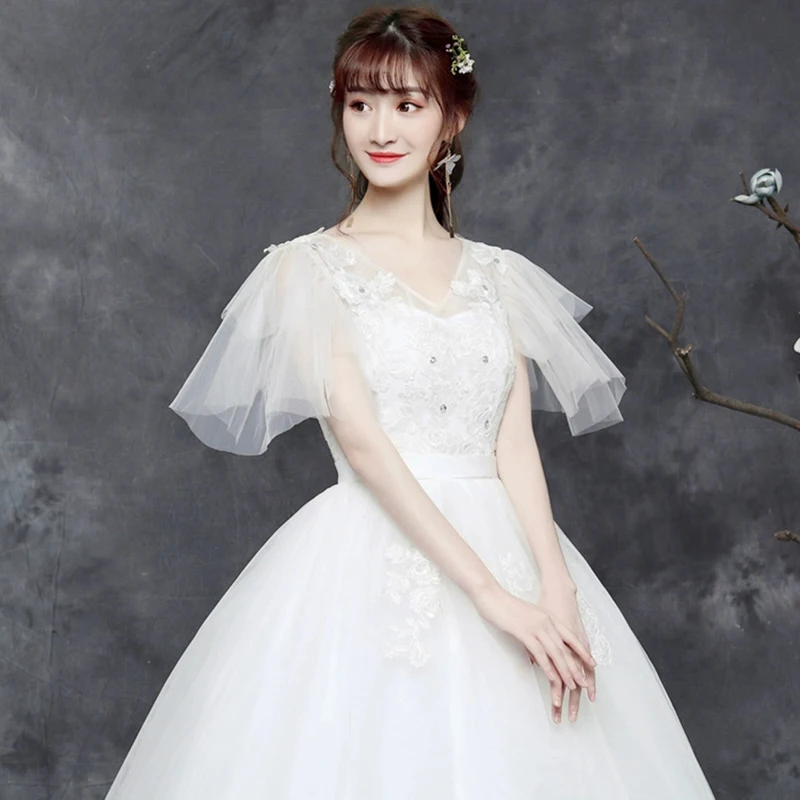 AnXin SH princess white flower lace v neck illusion short sleeve ball gown lace up party bride simple customized wedding dress