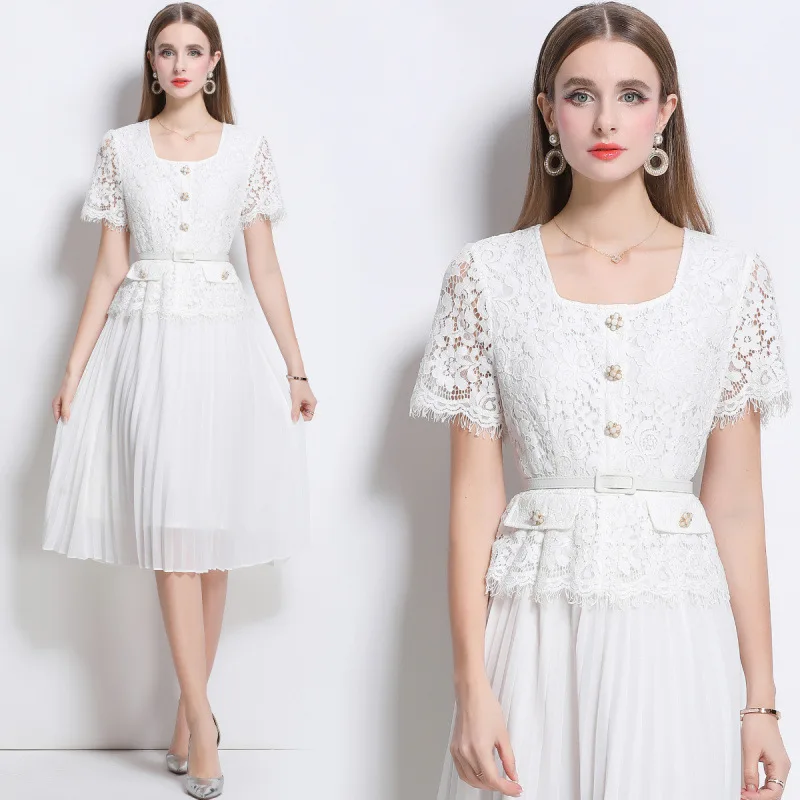 ชุดเดรสยาวผ้าตาข่ายแต่งลูกไม้เอวสูงสำหรับฤดูร้อน พร้อมเข็มขัด คอเหลี่ยม กระโปรงบาน กระดุมเดี่ยว เสื้อคลุม Dr Sli แบบพัน