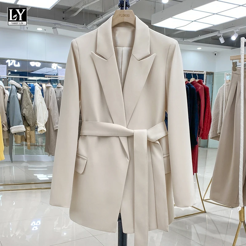 LY VAREY LIN New Spring Women Turn-down Collar Sash Tie Up Blazer Elegant Office Lady Beige Black Long Sleeve Blazer with Belt