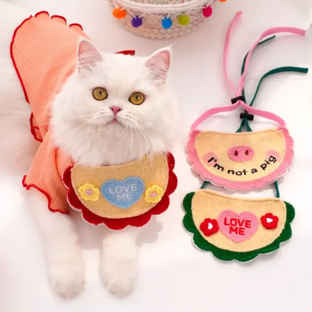 Cartoon Embroidery Pet Knitting Bibs Cat Supplies Washable Collar with Elastic Laces Dog Cat Saliva Towel Kitten Accessories