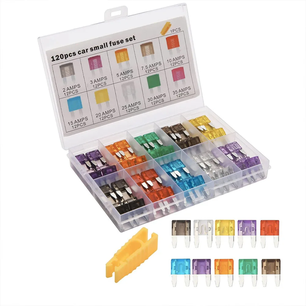 

120 Pieces Mini Fuse Kit, Fuse Assortment Kit, Mini Blade Fuses forTruck, Motorcycle (2A/3A/5A/7.5A/10A/15A/20A/25A/30A/35A)