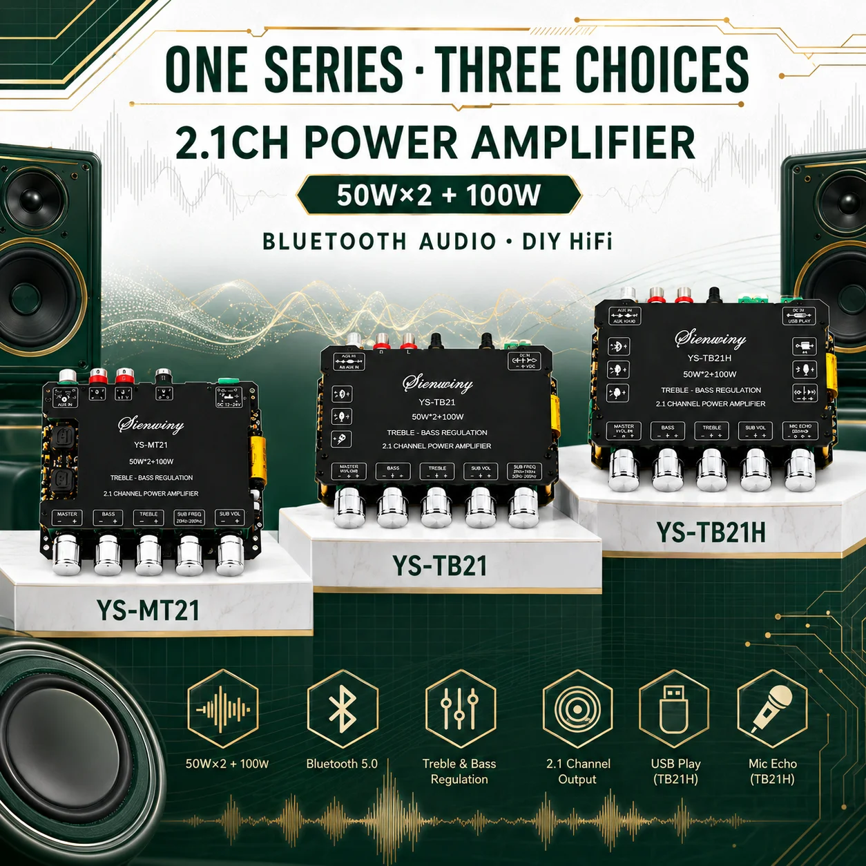YS-MT21 YS-TB21 YS-TB21H 2.1CH Bluetooth 5.1 Amplifier Board 200W 50W×2+100W Subwoofer HiFi AUX USB DIY Home Car Stereo Audio BT