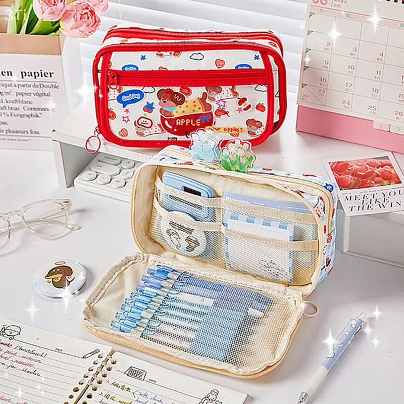 Cute Cartoon Puppy Pencil Case Multilayer Large Multi-Functional Mechanism Kawaii Student Pencil Box Stationery Storage Box