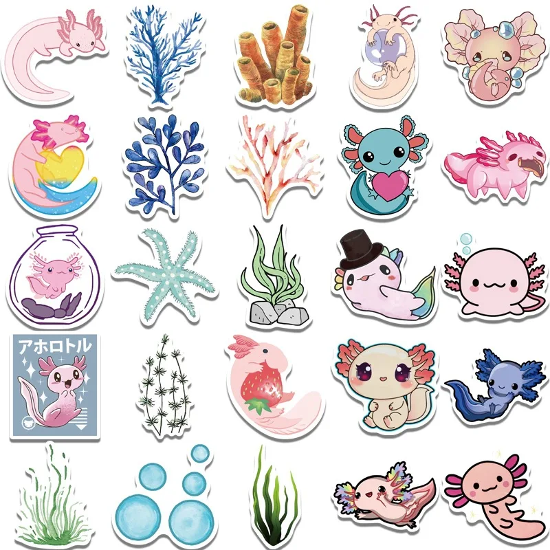 10/50PCS น่ารัก Axolotl กันน้ํา Graffiti สติกเกอร์ความงามตกแต่งกระเป๋าเดินทางแล็ปท็อปถ้วยโทรศัพท์กีตาร์สมุดภาพสติกเกอร์เด็ก