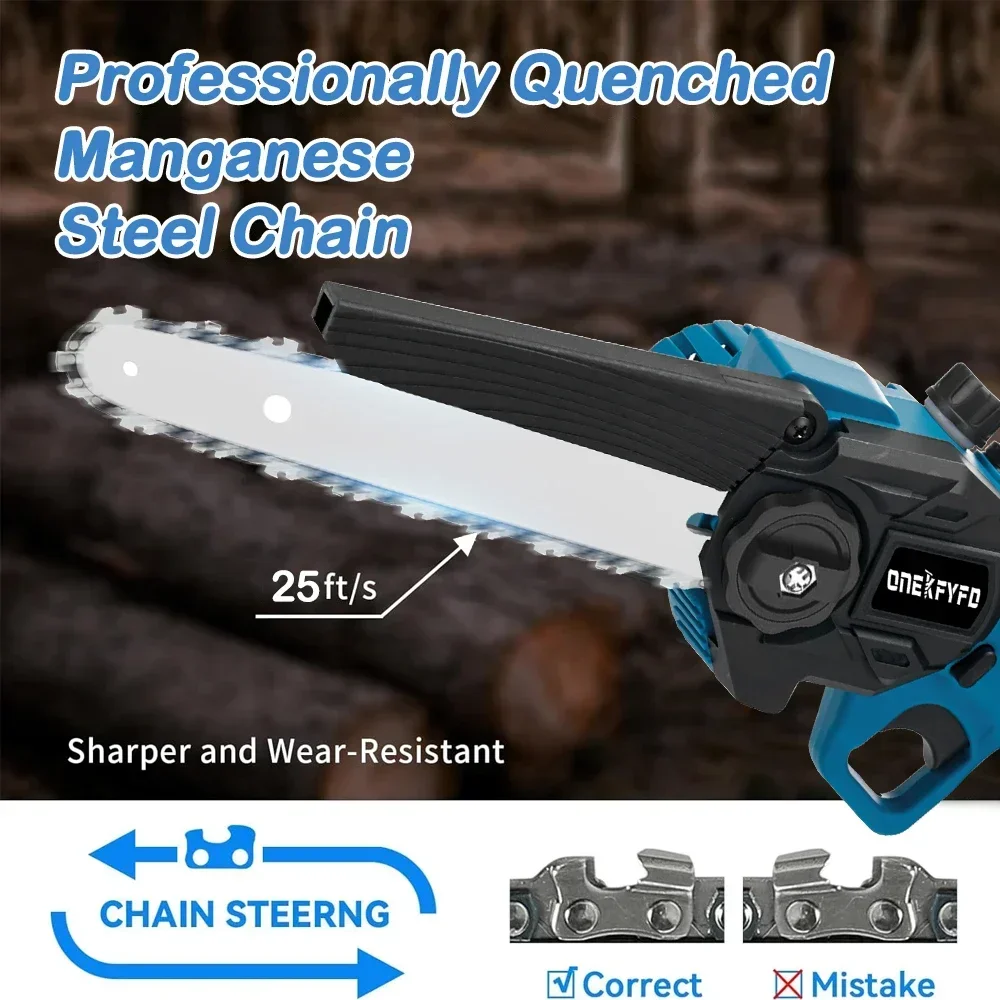 ONEKFYFD Cordless Chainsaw 8 Inch Power Chain Saws with Oil Spray Rechargeable Cutting Tree Trimming for Makita 18V Battery