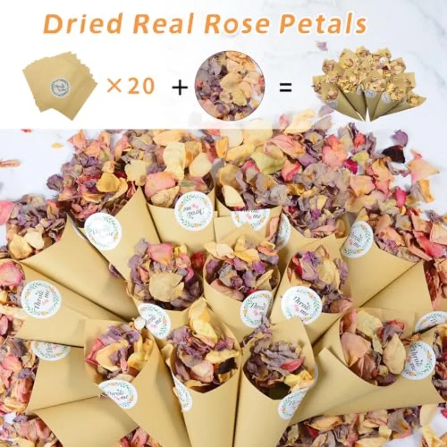 Mais de 20 copos de pétalas de rosa secas, confete de flores biodegradável, 2 qt, misto, amarelo, roxo, rosa, pétalas de flores secas para proposta de casamento