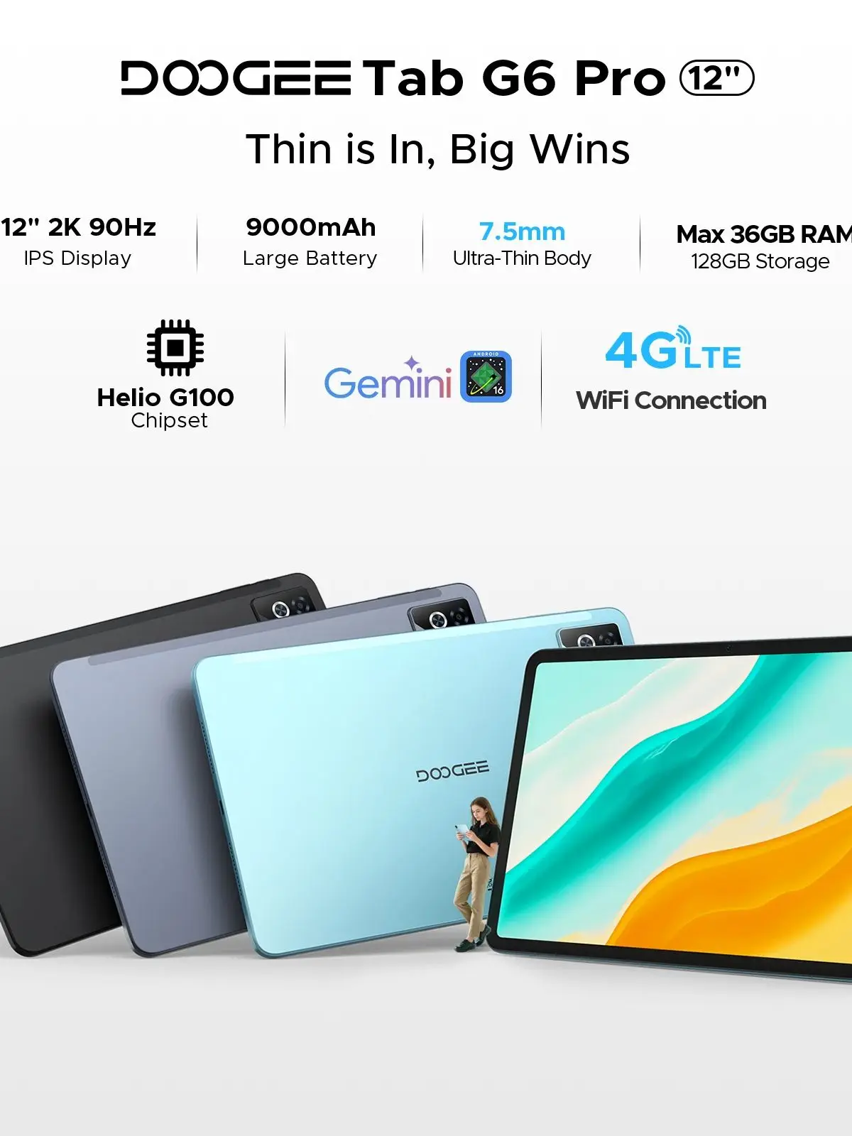 DOOGEE Tab G6 Pro Android 16 2-in-1 tablet-pc 12 inch 2.4K 36GB RAM (8+28) 128GB ROM Gemini AI 9000mAh batterij Helio G100 AI tablet - afbeelding 2