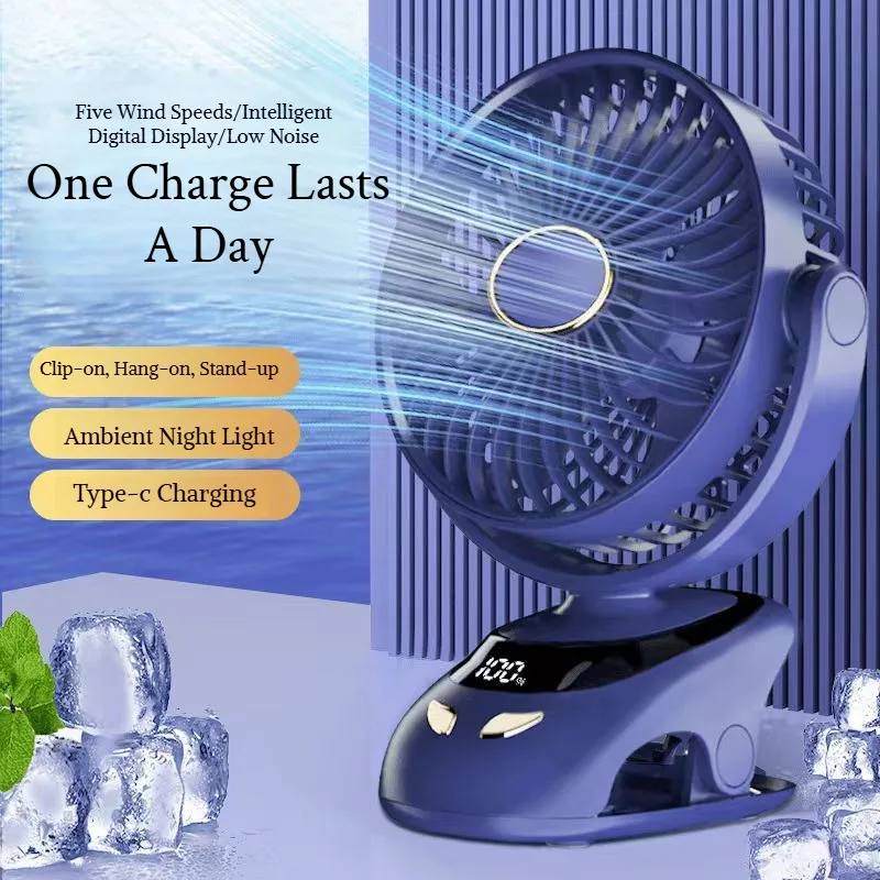 Desk Clip On Fan, Portable With display USB Rechargeable Fan For Home Office Travel Bed Stroller Camping Outdoor Golf Cart Fan