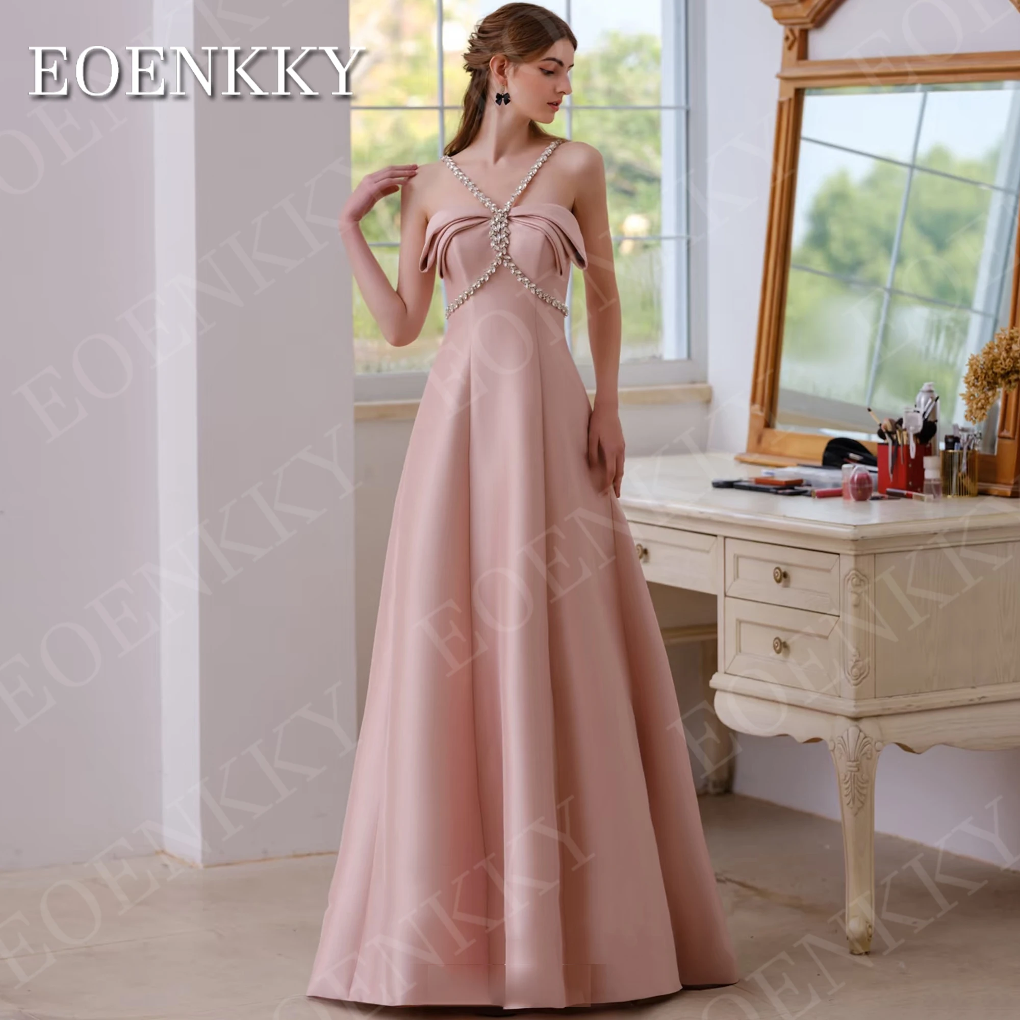 

EOENKKY Prom Dress Satin A Line Woman Pink Crystal Spaghetti Straps Formal Party Dress Sleeveless Customized платья на выпускной