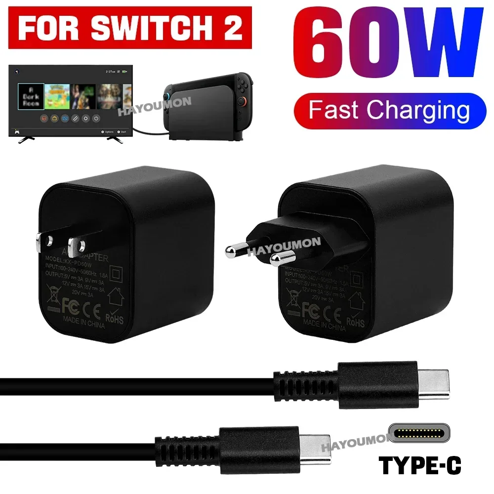 New For Switch 2 AC Adapter Fast Charger 60W Type-C Power Su
