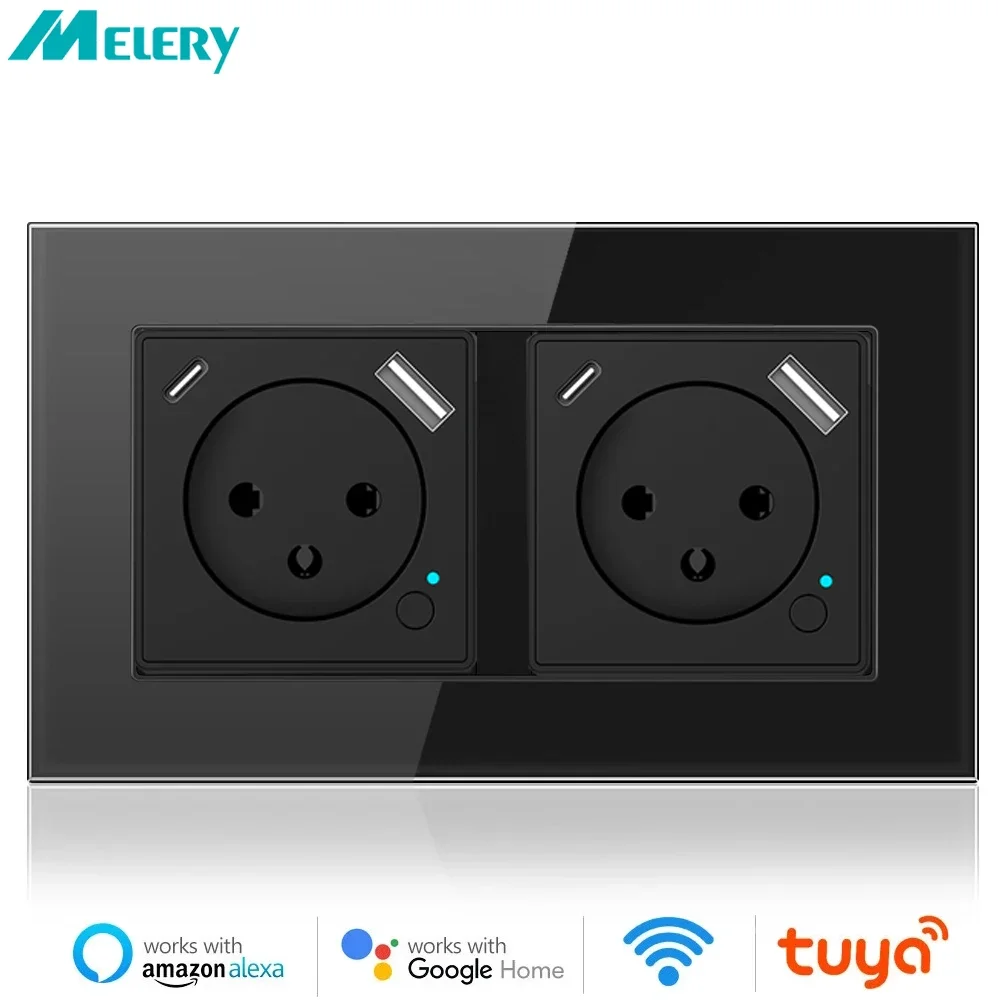 Melery Tuya WiFi Smart Israel WallSwitch Socket EU Power Plug Outlet USB Type-C PD20W ChargePort for Iphone Alexa Dot GoogleHome