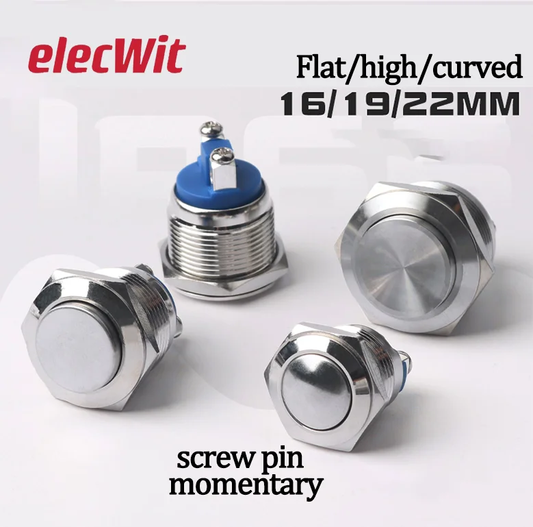 16/19/22mm Metal Push Button Self-resetting Momentary Curved Screw Foot Waterproof Power Button Switch