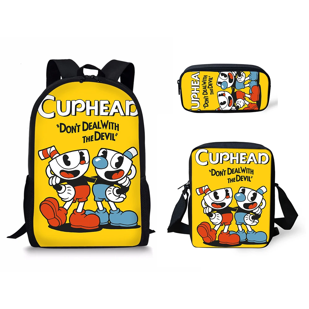 Mochilas escolares clásicas con estampado 3D de Cuphead, bolso de hombro inclinado para ordenador portátil, estuche para lápices, 3 unidades por juego