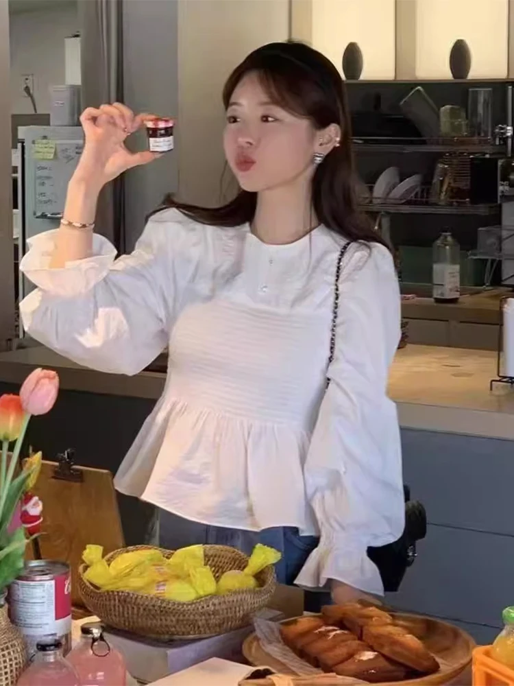 

Ele Splice Long Sve Women's irt Early Autumn New Sle Gathered Waist Slimming Top Liangliang Home Faion Brand