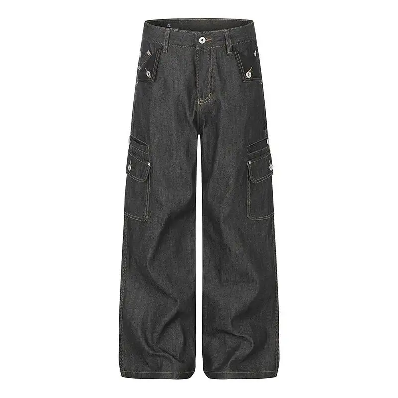 Wide Leg Silhouette Straight Multi Pocket Irregularly Deconstructed Raw Denim Men's Cargo Jeans Trendy New Trousers QFGV