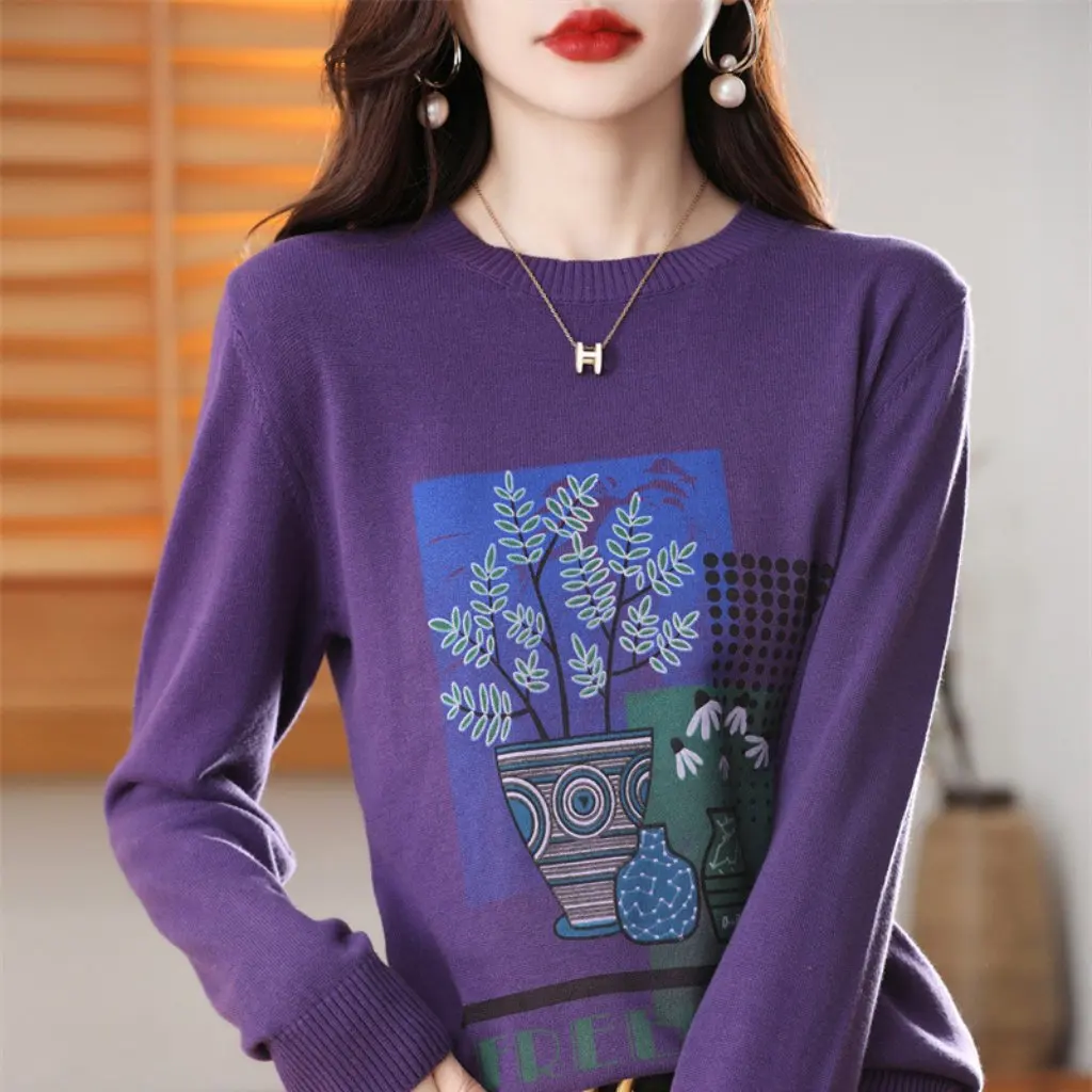 

Ladies Retro Contrast Color Crew Neck Sweater Cotton plus Size Autumn Winter New Style Printed Women's Fashion Wholesale
