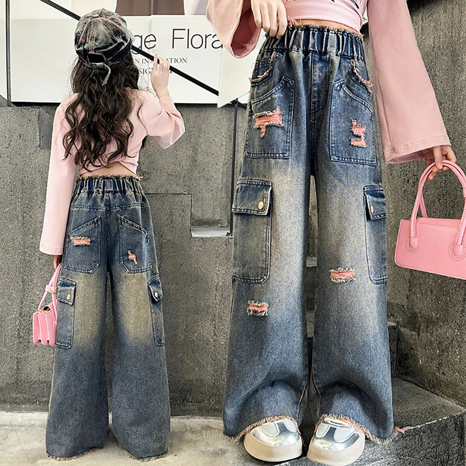 Kinder Meisjes Gescheurde Denim Broek Met Gerafelde Randen Met Hoge Taille Vintage Casual Wijde Pijpen Jeans Voor Modieuze En Comfortabele Look