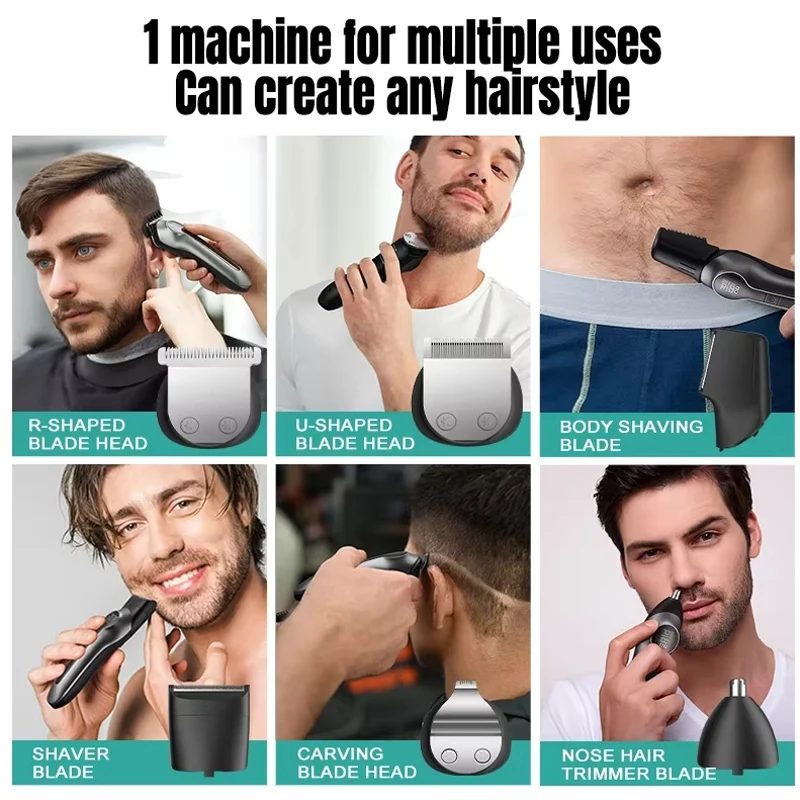 6-in-1 Hair Clipper Men's Multi Functional Trimmer LCD Display High Power Electric Hair Clippers Nose Hair Trimmer Razor Kit