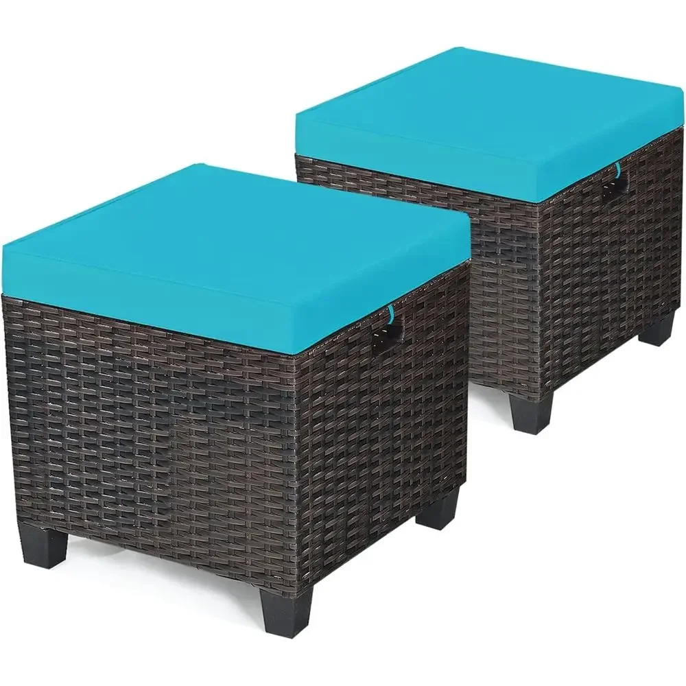 All-Weather Wicker Ottoman with Cushions, 16 Cube Footrest for Outdoor Seating, Ideal for Patio, Deck, Porch - Turquoise