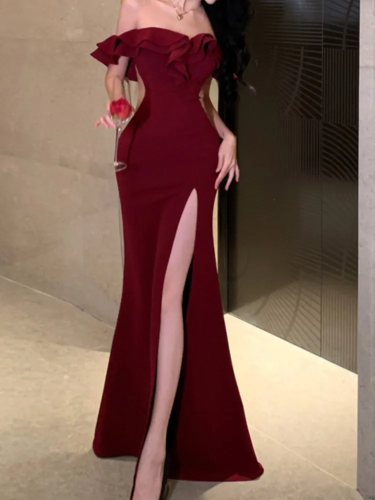 Abiti da sera da sera aderenti da donna abiti da sera Sexy con spacco alto e volant senza spalline abiti estivi eleganti da laurea bordeaux