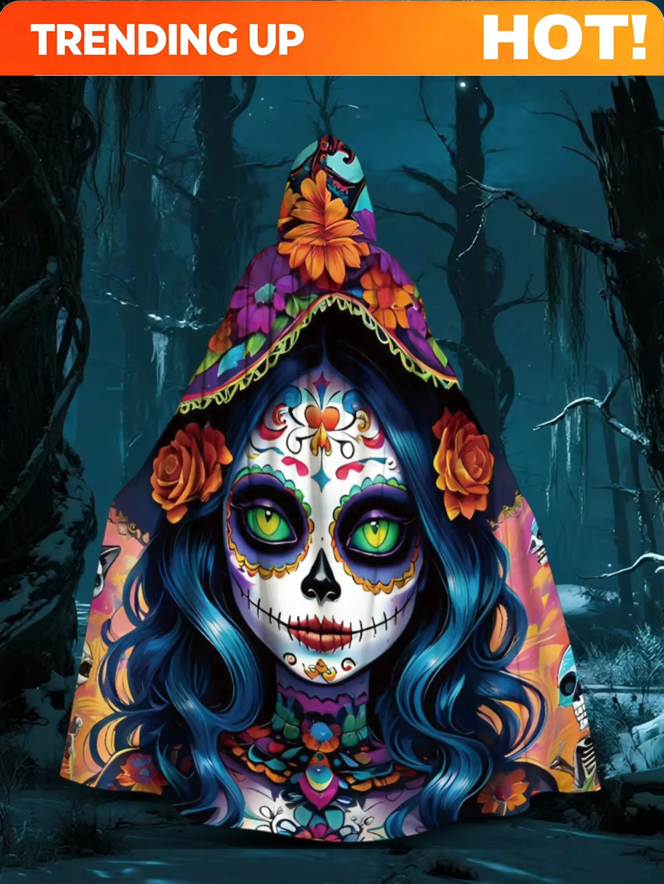 Customization 1PC 2D Flat Colorful Sugar Skull Lady Floral Day Of The Dead Design Hooded Cape, A Cosplay Costume Suitable For Co