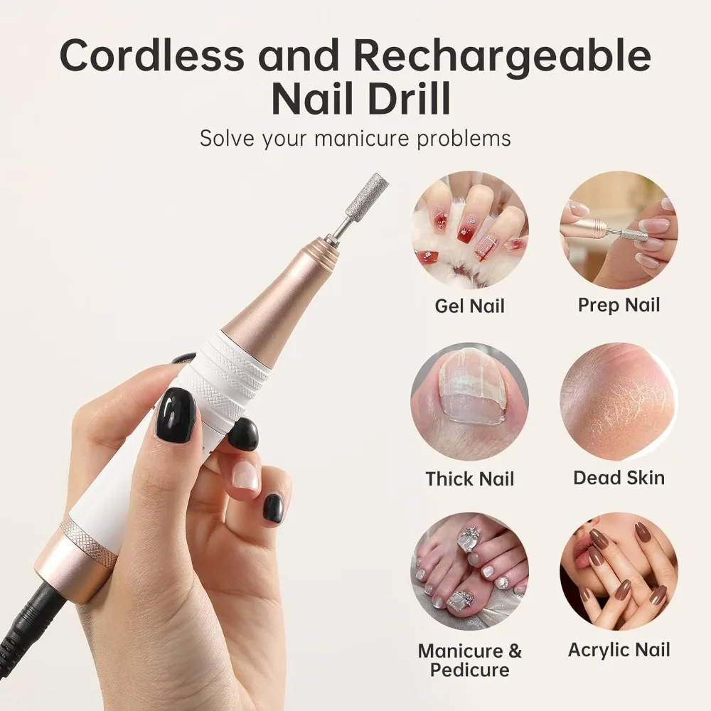 Elektrische Nagelfräse, 40000 U/min, kabellos, wiederaufladbar, mit 12 Aufsätzen für Acrylnägel, Gel-Polieren, Maniküre-Set für Salon und Zuhause