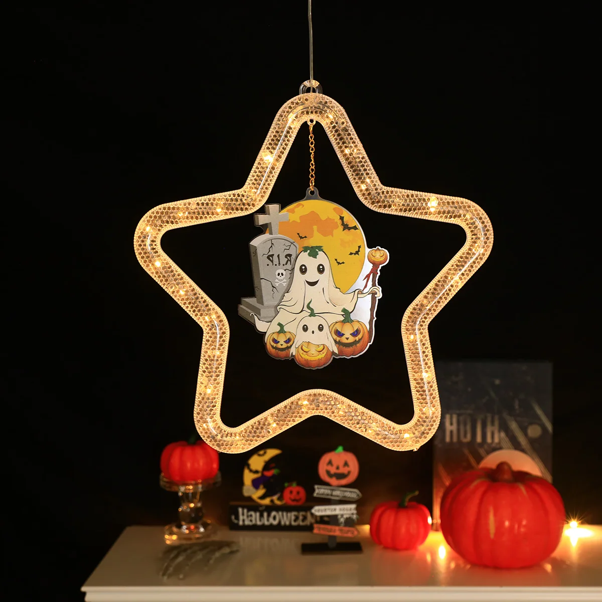 Multicartoon Halloween Hollow LED Window Lights, Assorted Haunted House Themed Lamp, Battery Operated Indoor Ambient Lighting