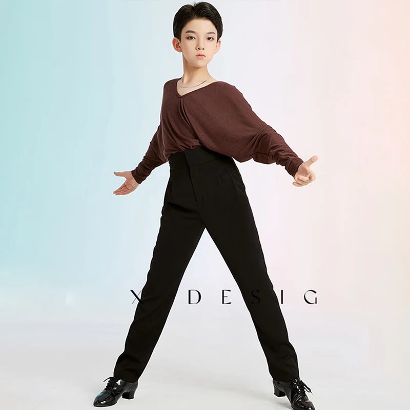 

Boys Latin Dance Performance Costume Kid ChaCha Tango Dance Practice Wear Long Sleeve Brown Top Black Pants Latin Dancewear 2158