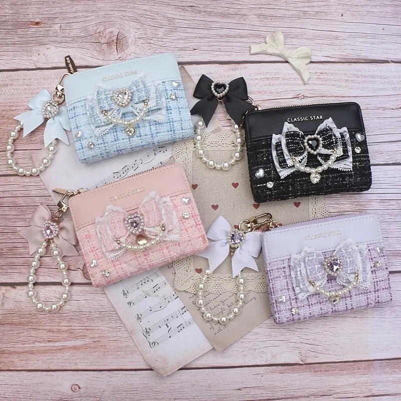 

Женский кошелек с бантом ручной работы в стиле Лолита Y2K, из искусственной кожи, для карт и денег, модный кошелек-клатч