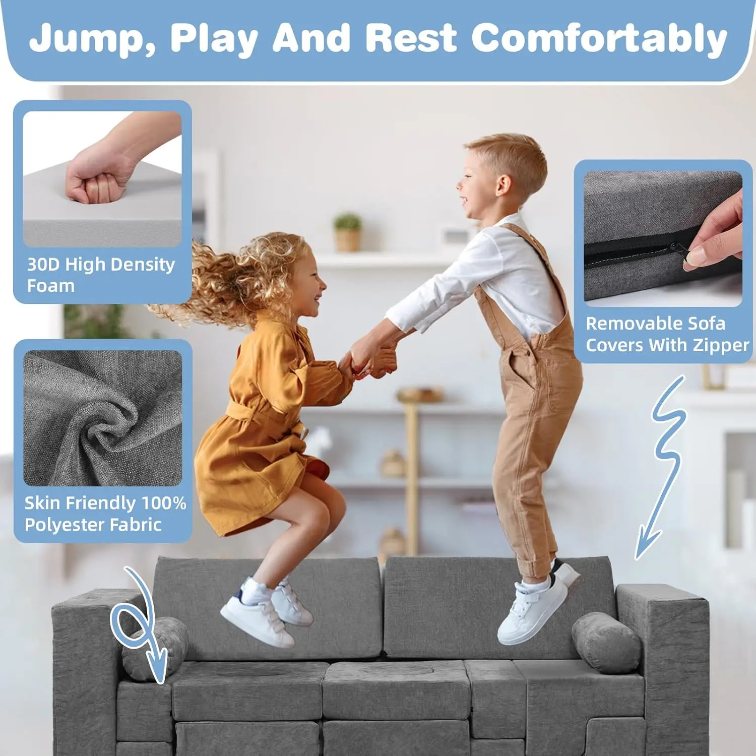 Conjunto de sofá infantil modular com 28 blocos de espuma para construção DIY, dobras e jogo de sofá em cinza escuro