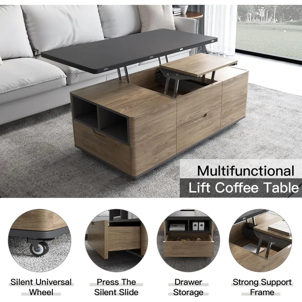 Lift Top Coffee Table with 4 Stools & Hidden Compartment and Storage Shelf, Rising Tabletop Dining Table for Living Room