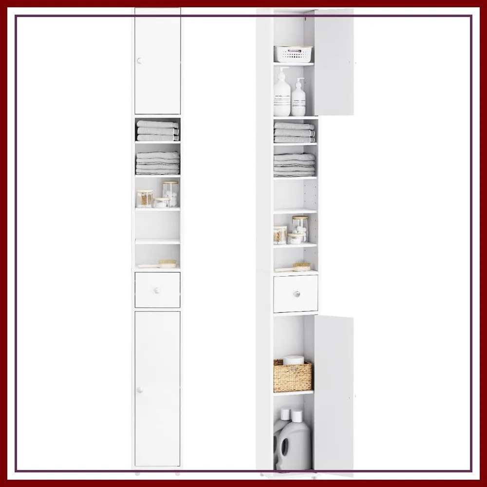 Slim Bathroom Storage Cabinet, Narrow Tall Unit with Adjustable Shelves, Anti-Tipping Floor Standing, White
