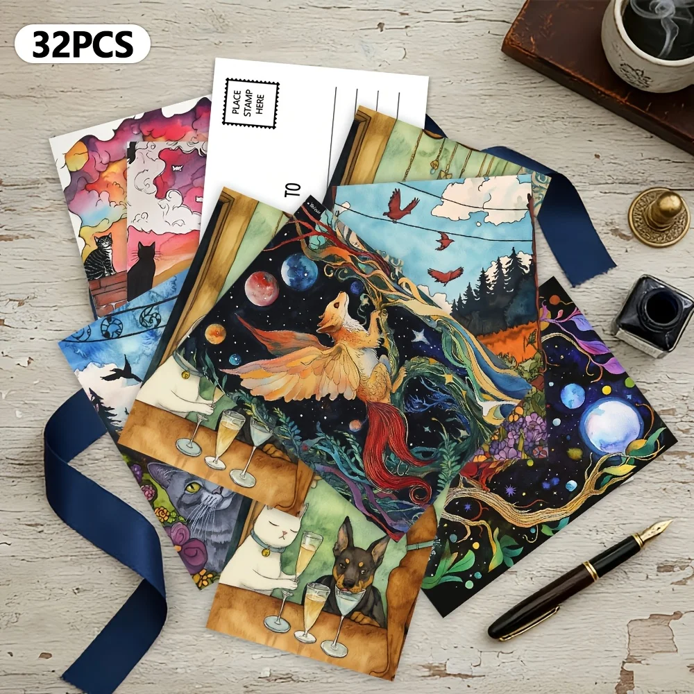 32pcs, Animal Fantasy Life Postcards, Decorations/Greeting Cards/Postcards, High-Definition Printing, Collectible and Postable