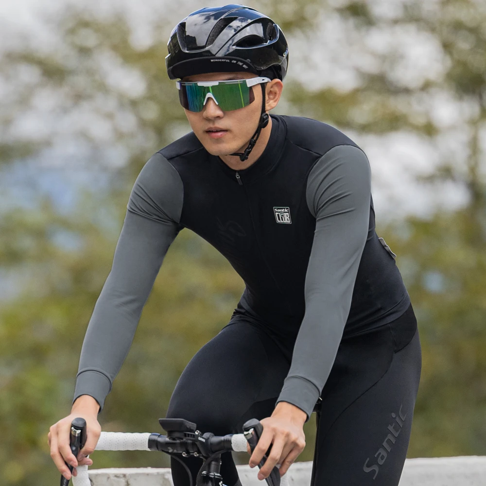 Santic Men's Cycling Jerseys Autumn Winter Thermal Fleece Bicycle Clothing Outdoor Windproof Full Zipper Long Sleeve Riding Tops